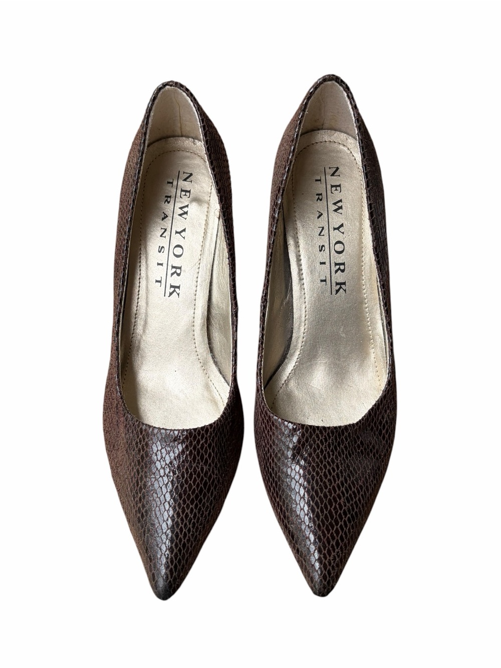 New York Transit Dark Brown Snakeskin Pointed-Toe Pumps